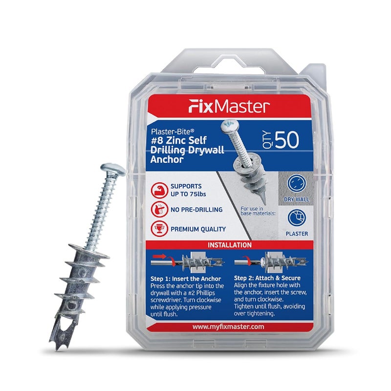 FixMaster Zinc Plaster Bite Self-Drilling Drywall Anchors w/Screws (50 Anchors & 50 Screws) – Heavy Duty Zinc Hollow Wall Anchor Kit for 3/8", 1/2", 5/8" Drywall – 75 lbs Holding Strength - Image 1